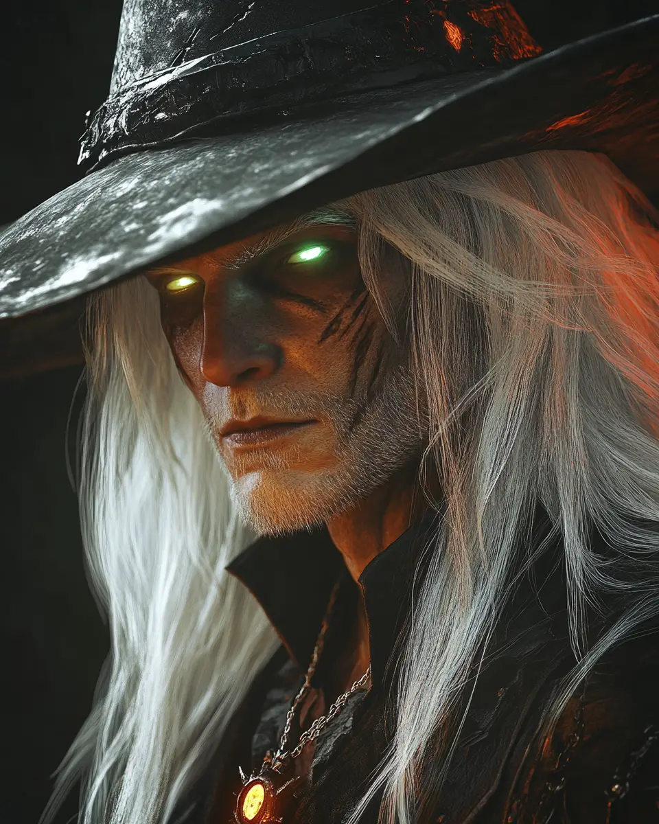 Close up portrait of a white haired vampire hunter
