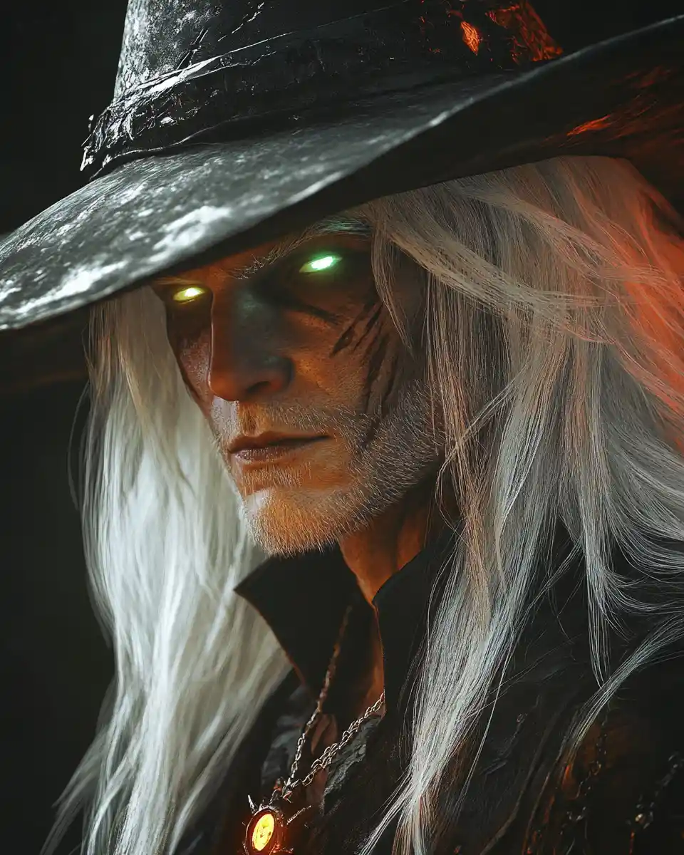 Close up portrait of a white haired vampire hunter