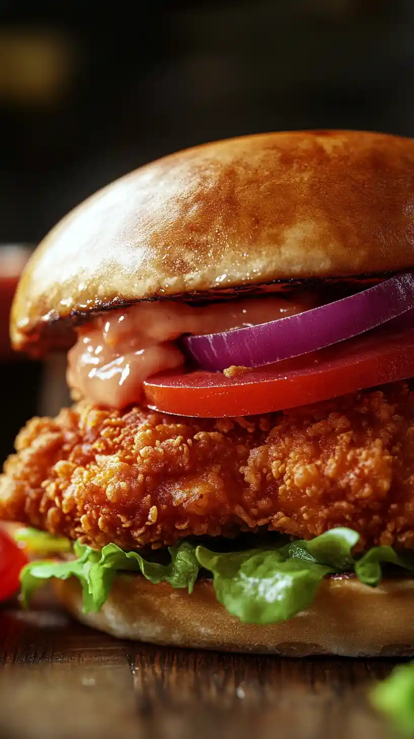 Crispy Fried Chicken Sandwich In Cinematic Food Photography
