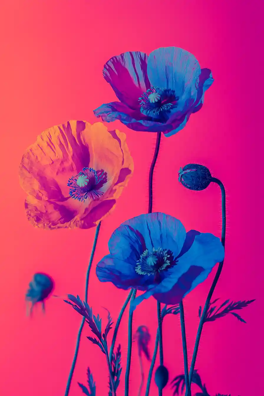 Pop art poppies on neon pink abstract background