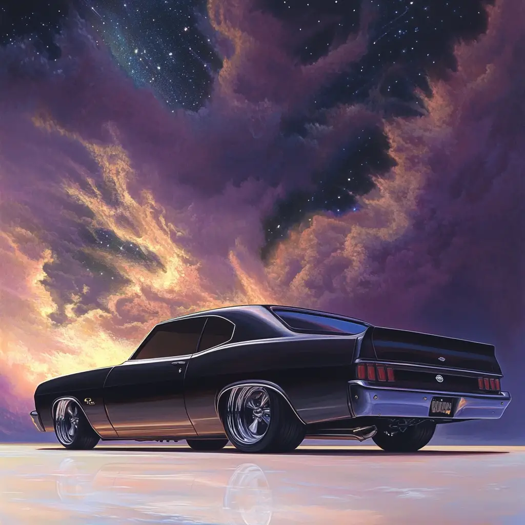 Flat black 1971 Chevy Nova with wide rear racing tires