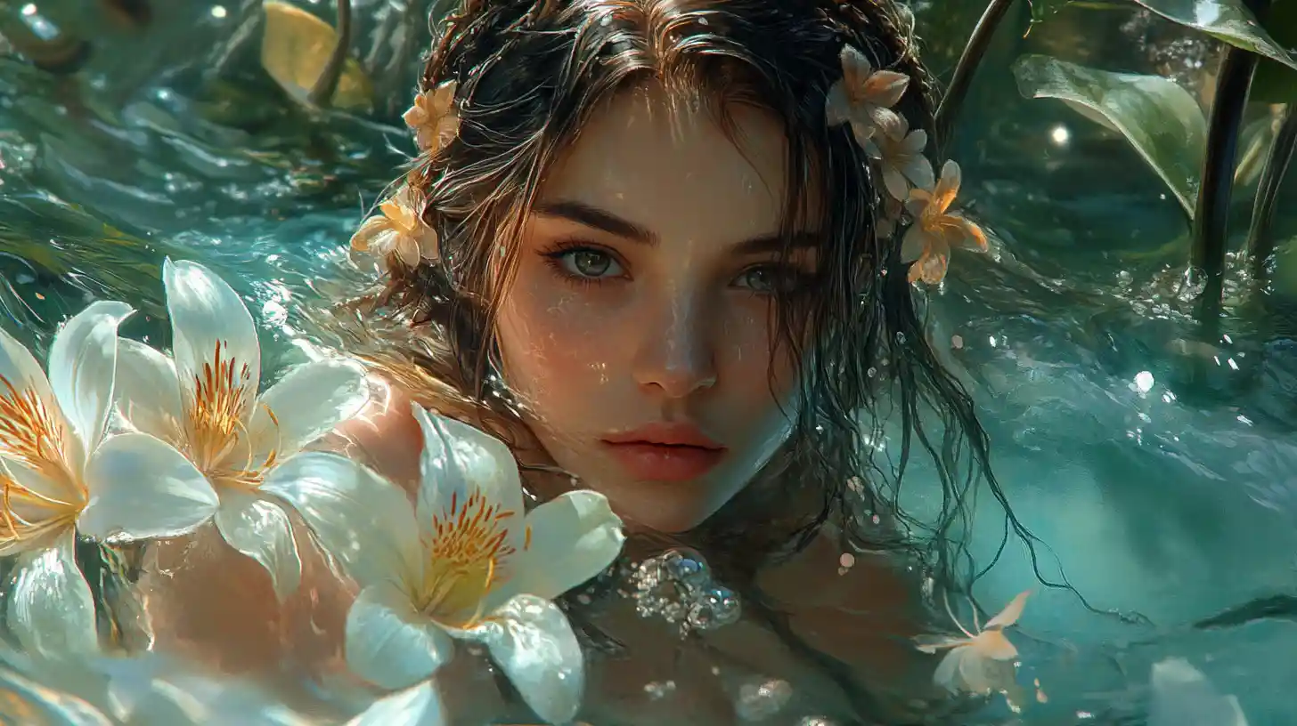 Ethereal woman seated beneath a glassy translucent wave