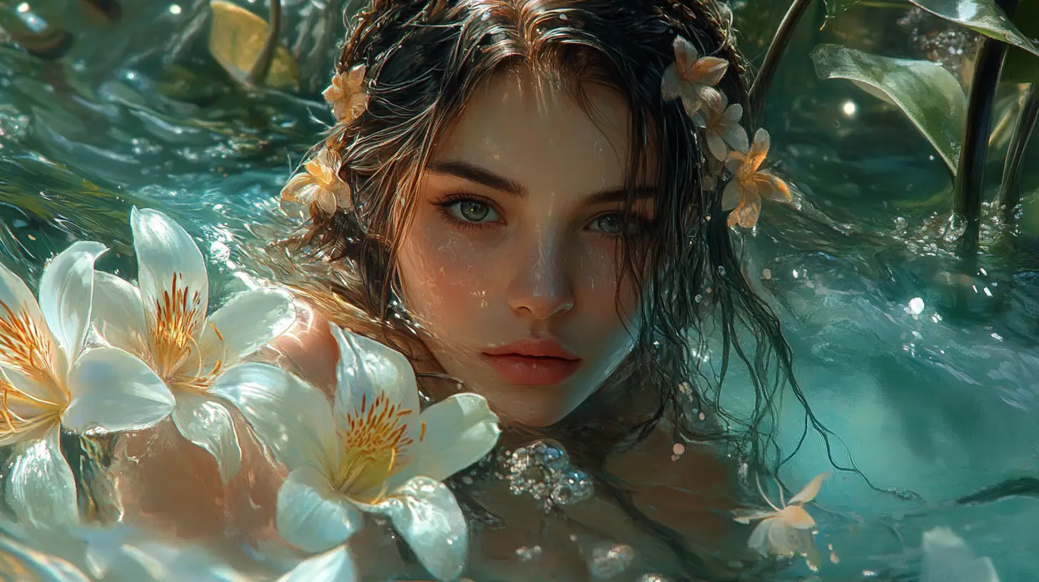 Ethereal woman seated beneath a glassy translucent wave