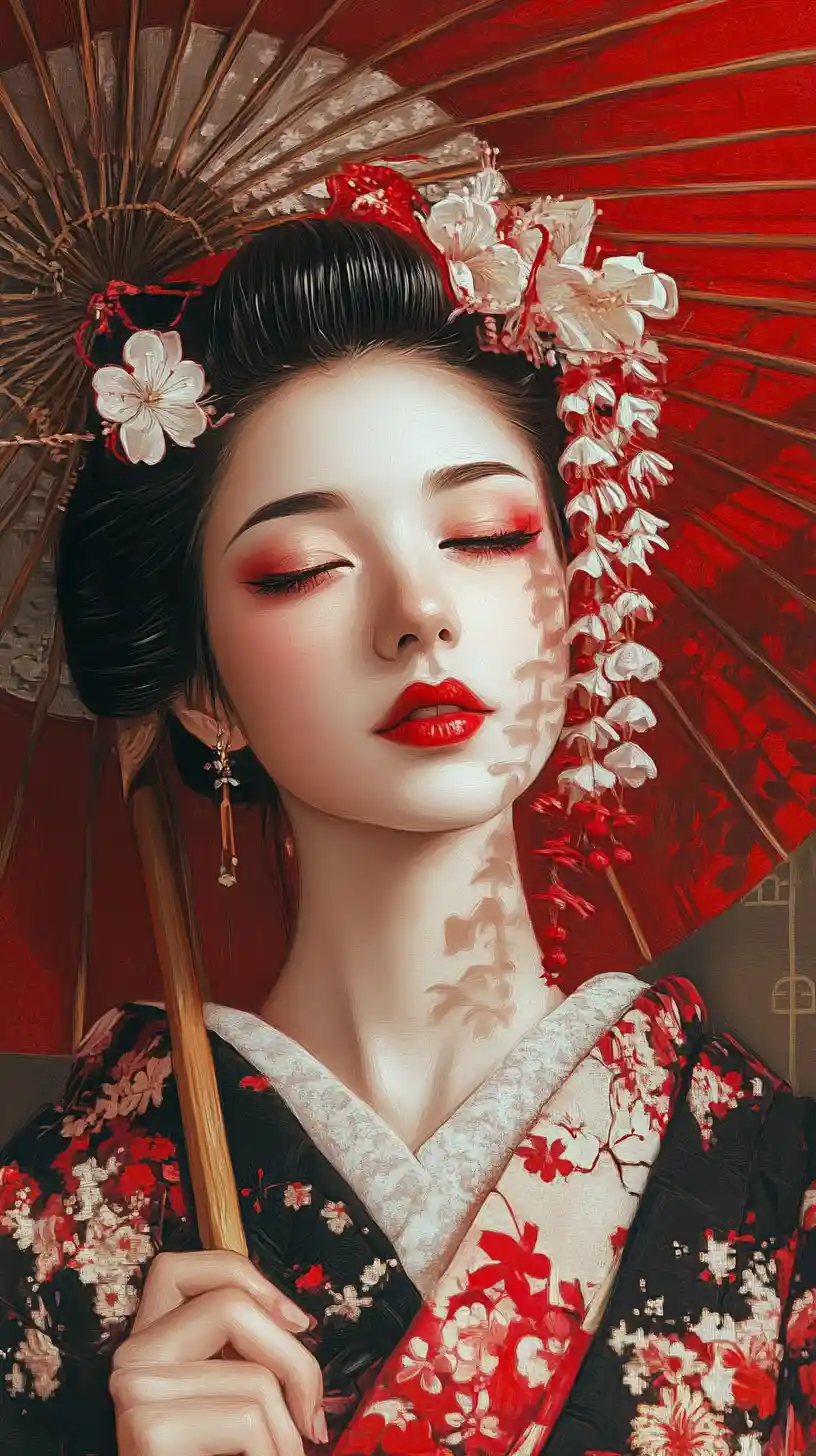 Japanese geisha portrait with red umbrella at golden hour