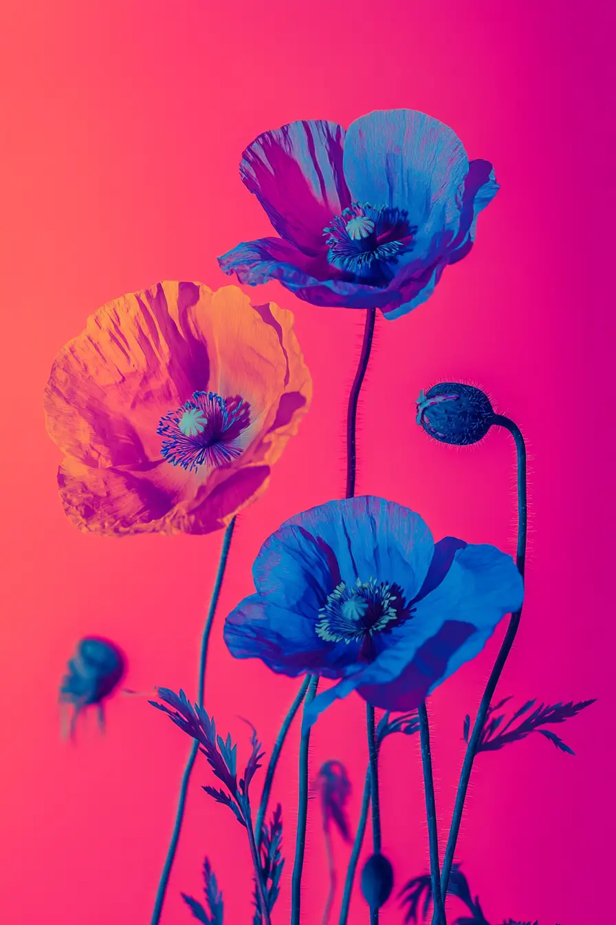 Pop art poppies on neon pink abstract background