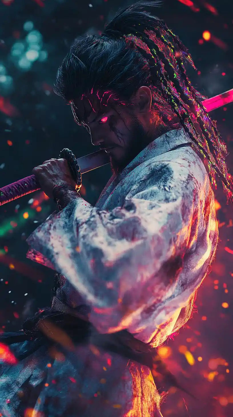 Guerriero samurai con katana in una luminosa caverna degli spiriti