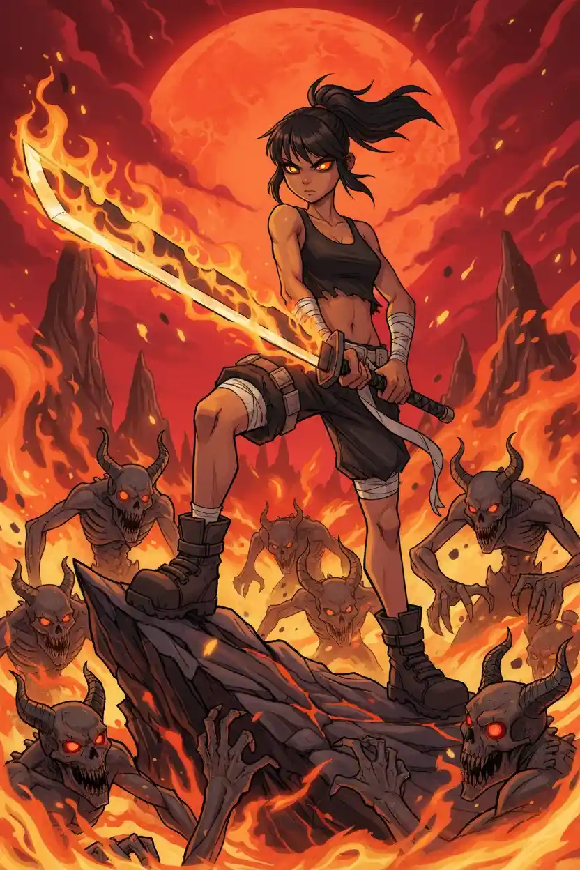 Dark skinned warrior woman amid fiery apocalyptic ruins