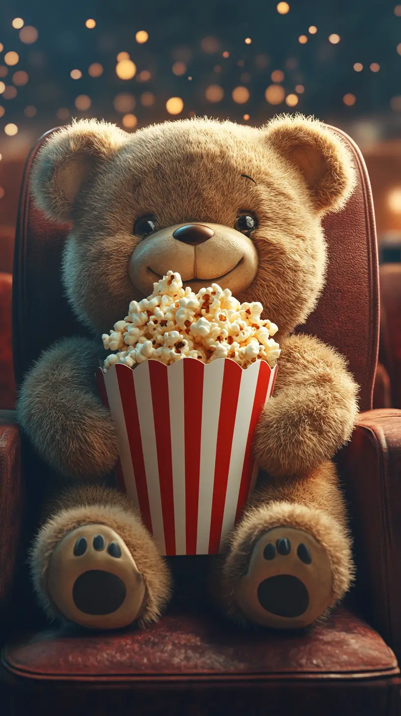 Cute teddy bear with popcorn in a cozy retro cinema