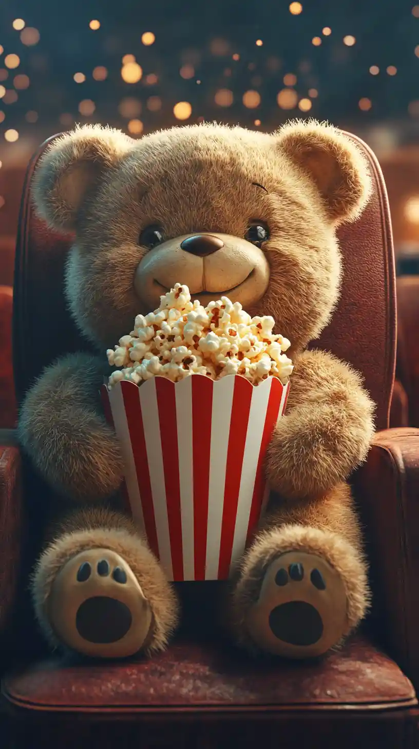 Niedlicher Teddybär mit Popcorn in einem gemütlichen Retro-Kino