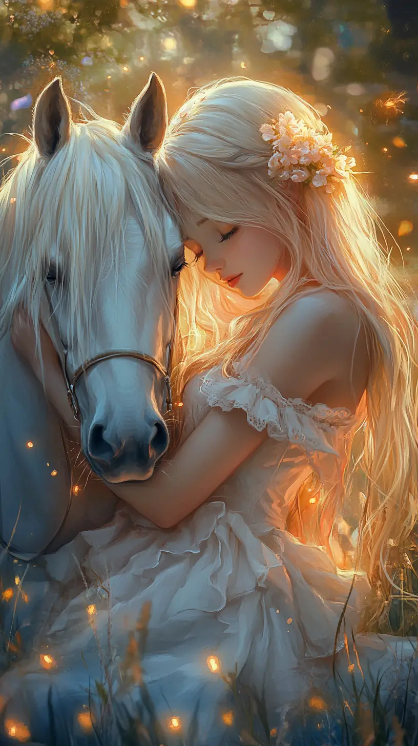 Girl hugging her horse in a dreamy countryside landscape