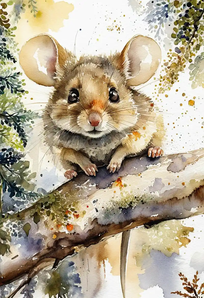 Tiny forest mouse on a slender branch at sunrise