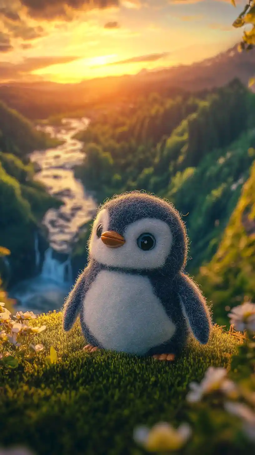 Cute wool penguin by a river at colorful sunset