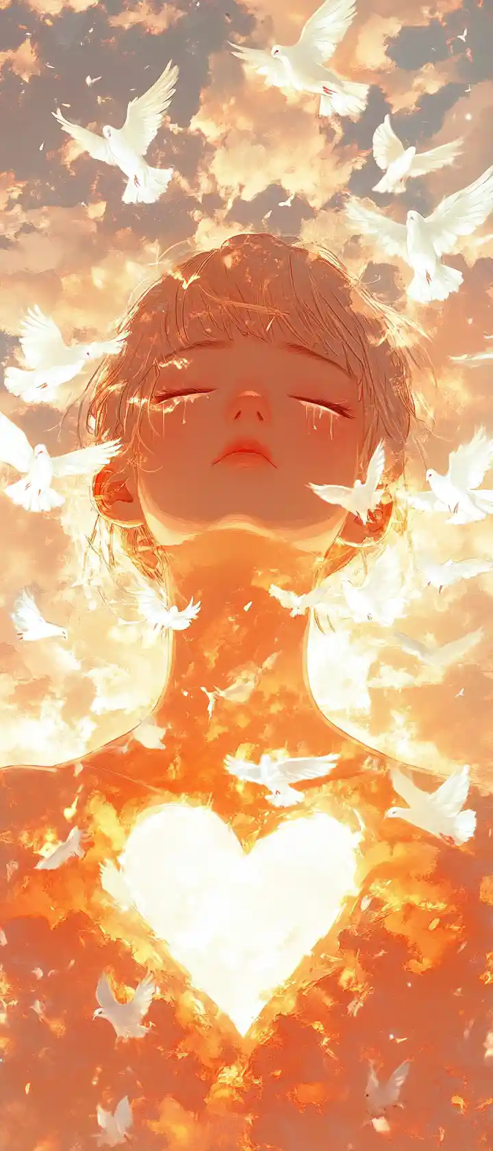 Anime princess in double exposure with doves and sunset