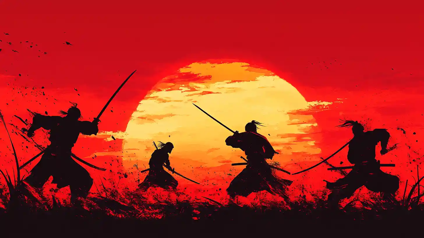 Silhouetted warriors fighting against a dramatic rising sun