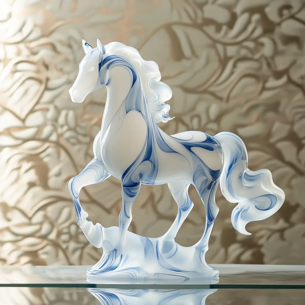 Porcelain horse sculpture glowing in blue and white harmony