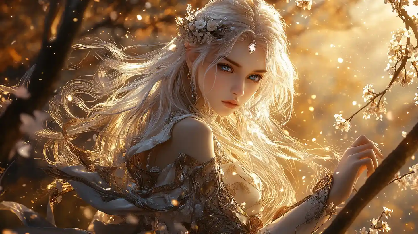 金色夕陽下盛開樹林中的奇幻女主角