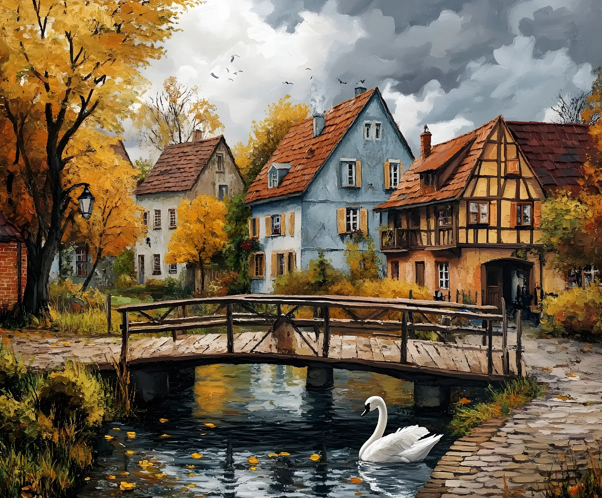Autumn riverbank with vintage houses and wooden bridge