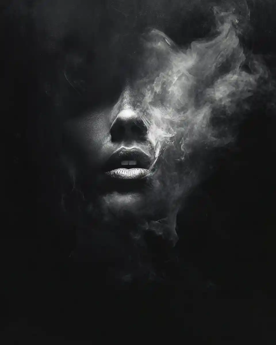Fading eyes and lips dissolving into deep black smoke