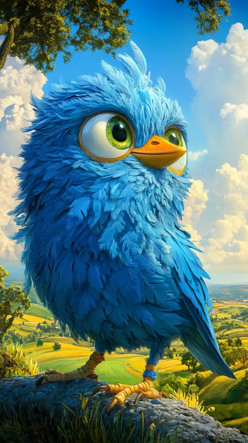 Whimsical Blue Bird In A Bright Fantasy Landscape