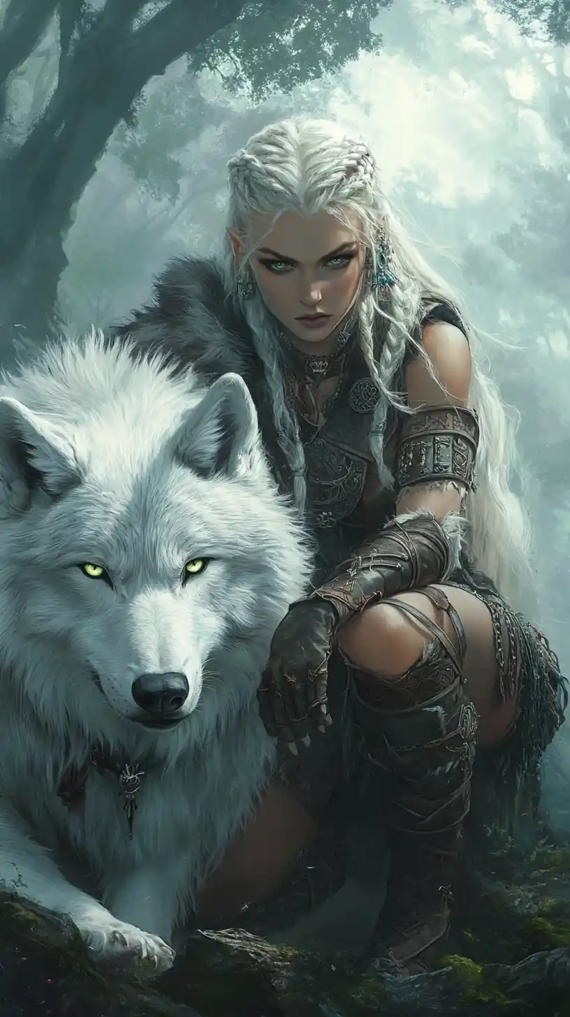 Mystical warrior woman with white wolf in misty forest