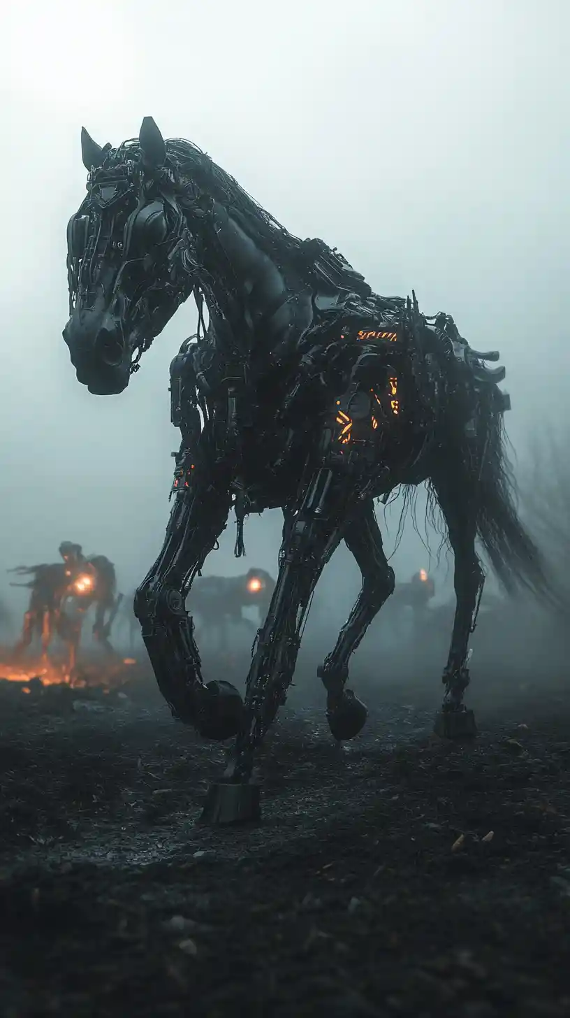 Apocalyptic war horseman riding through dark misty battlefield