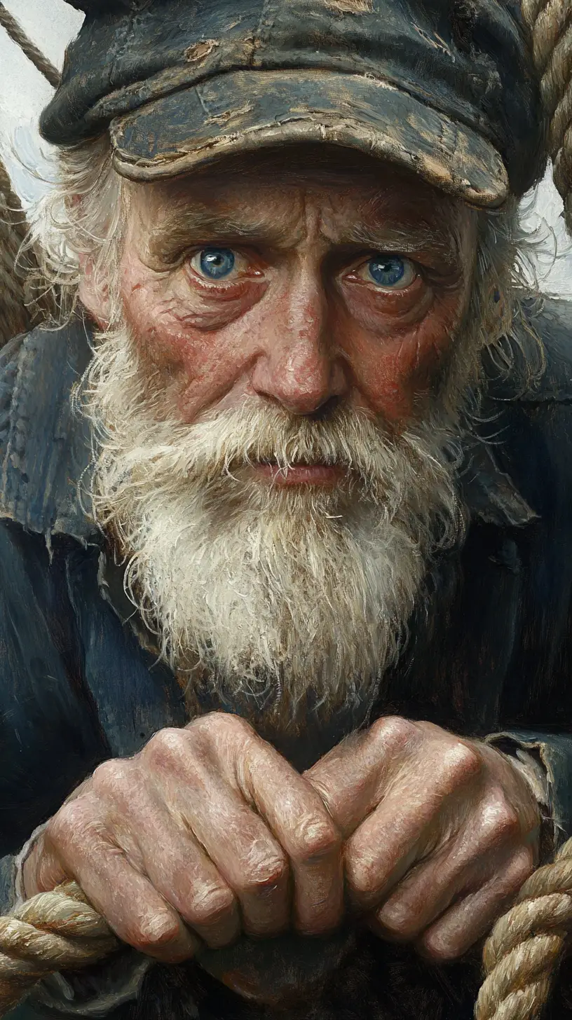 Elderly sailor portrait with rope in watercolor painting