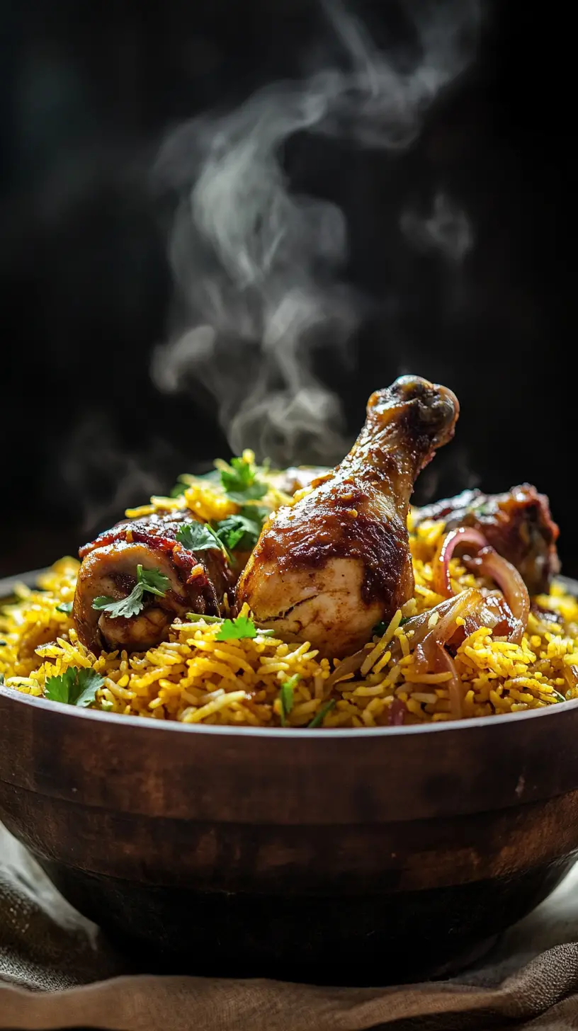 Steaming Chicken Biryani In Rustic Wooden Bowl Close Up