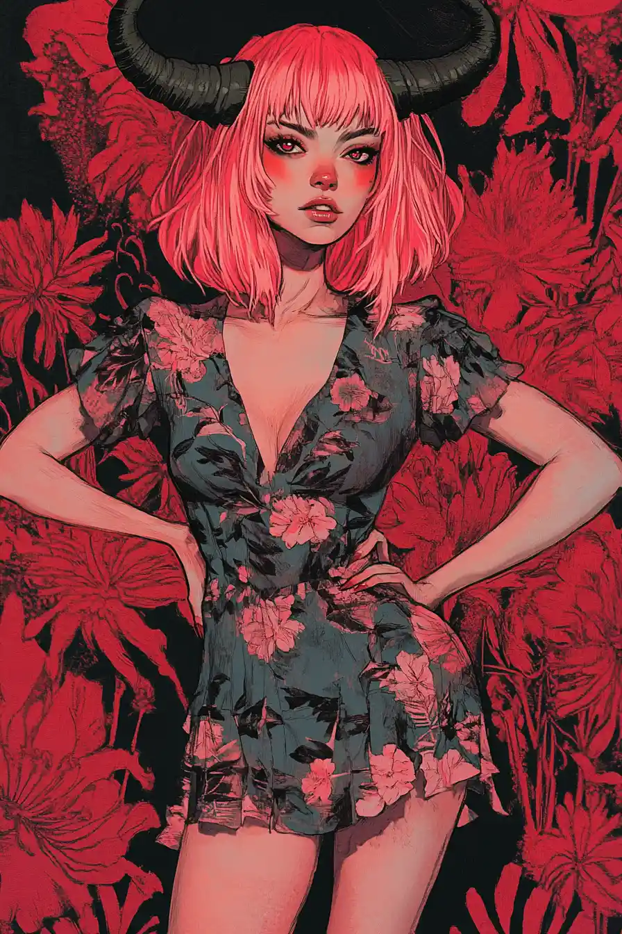Fantasy horned woman in floral dress with bold comic style