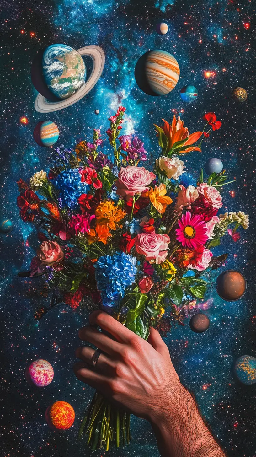 Hand Holding Planet Shaped Flower Bouquet In Cosmic Night