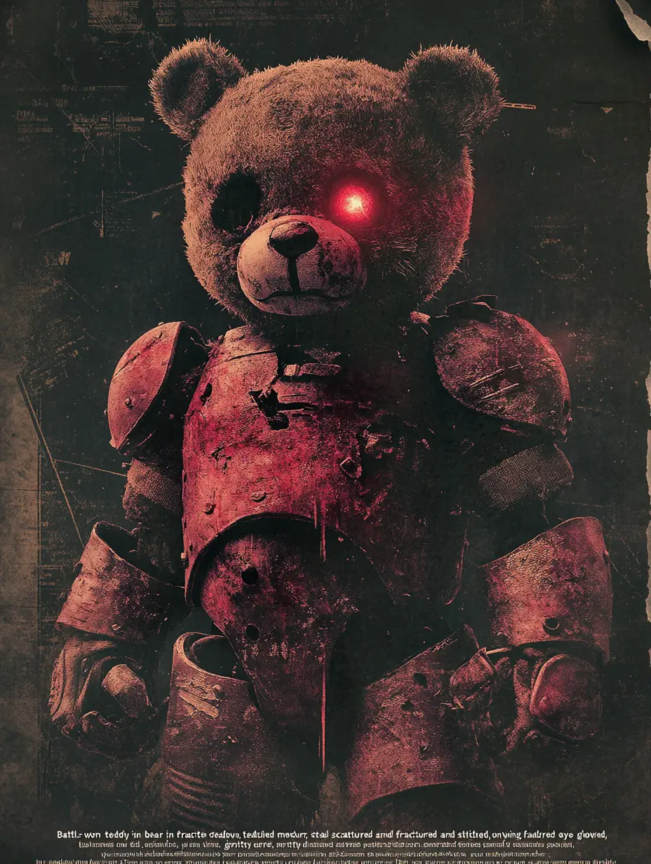 Armored teddy bear in torn urban horror poster design
