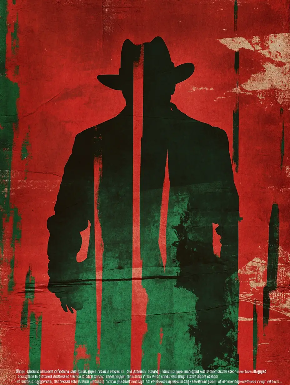 Minimal silhouette fedora and glove on distressed horror poster