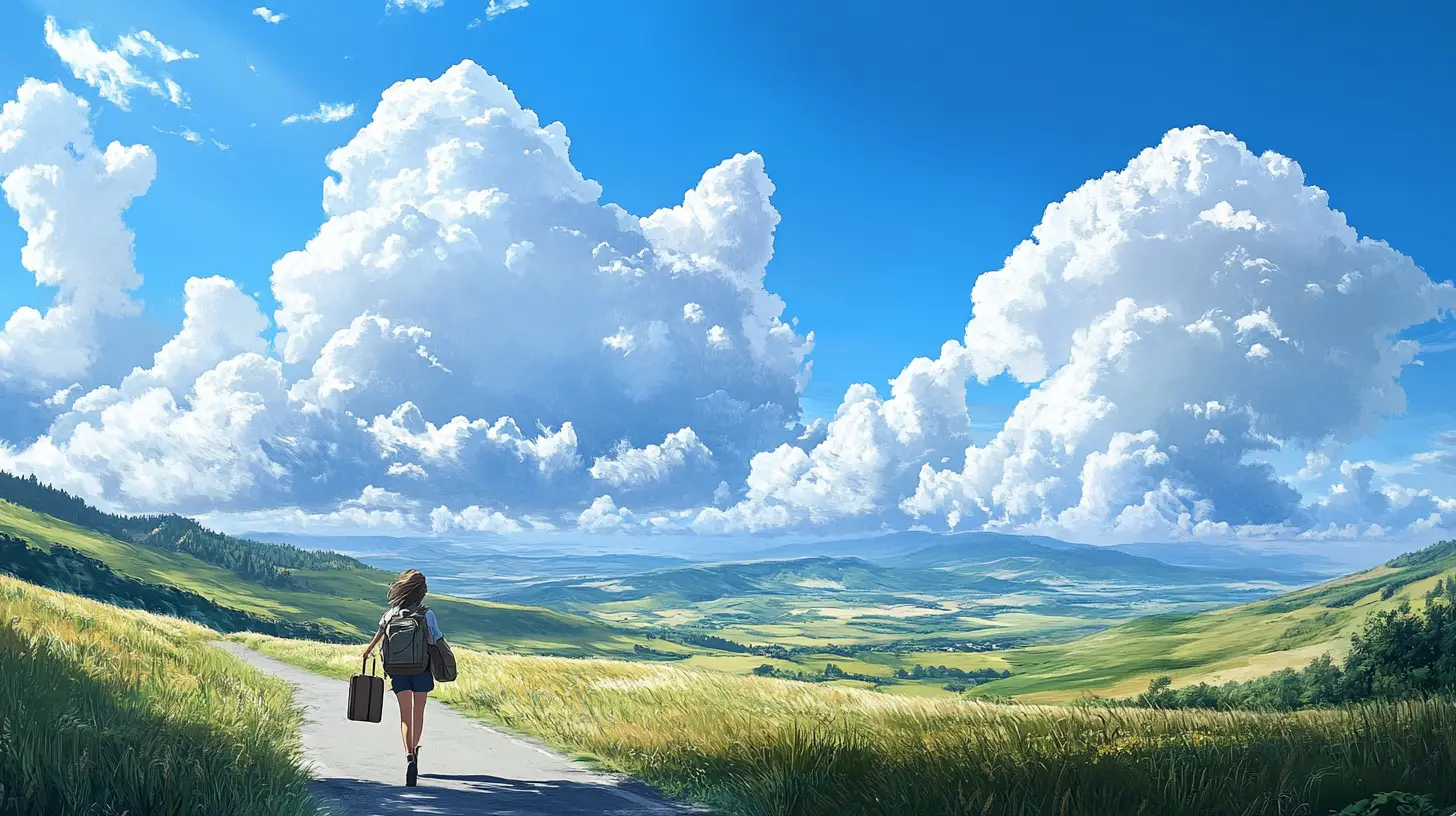 Girl walking alone on a road through rolling grasslands