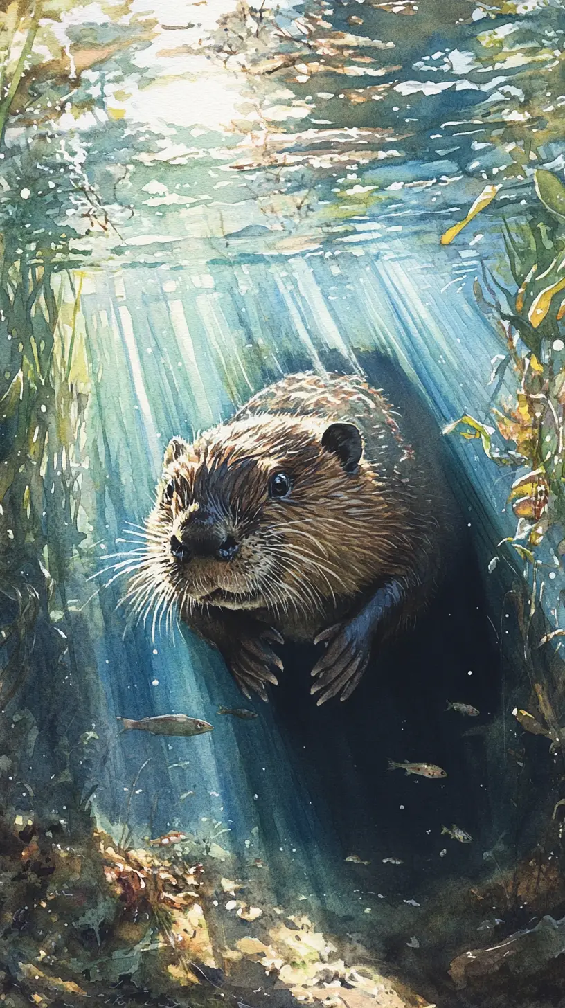 Watercolor beaver by a clear river lodge entrance