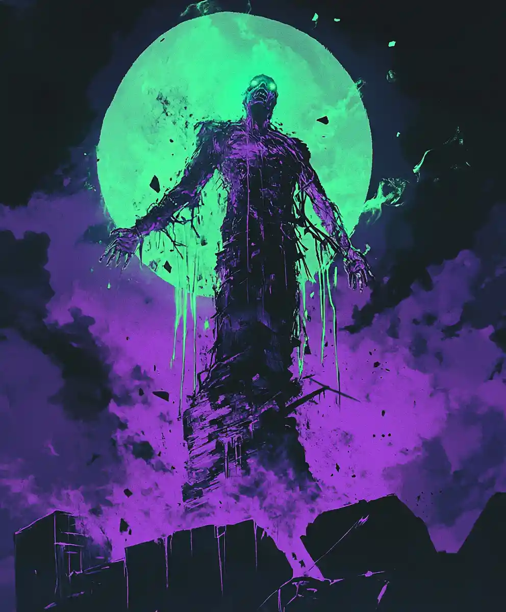 Neon lit villain rising from an abyss of warped reality