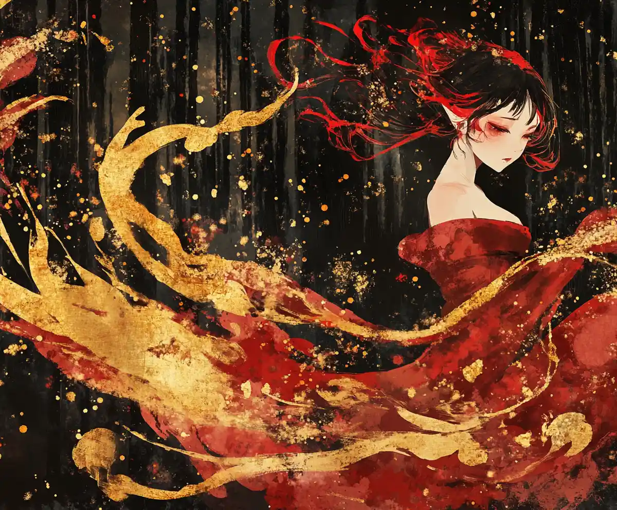 Young fire sorceress rising in a dark fantasy forest