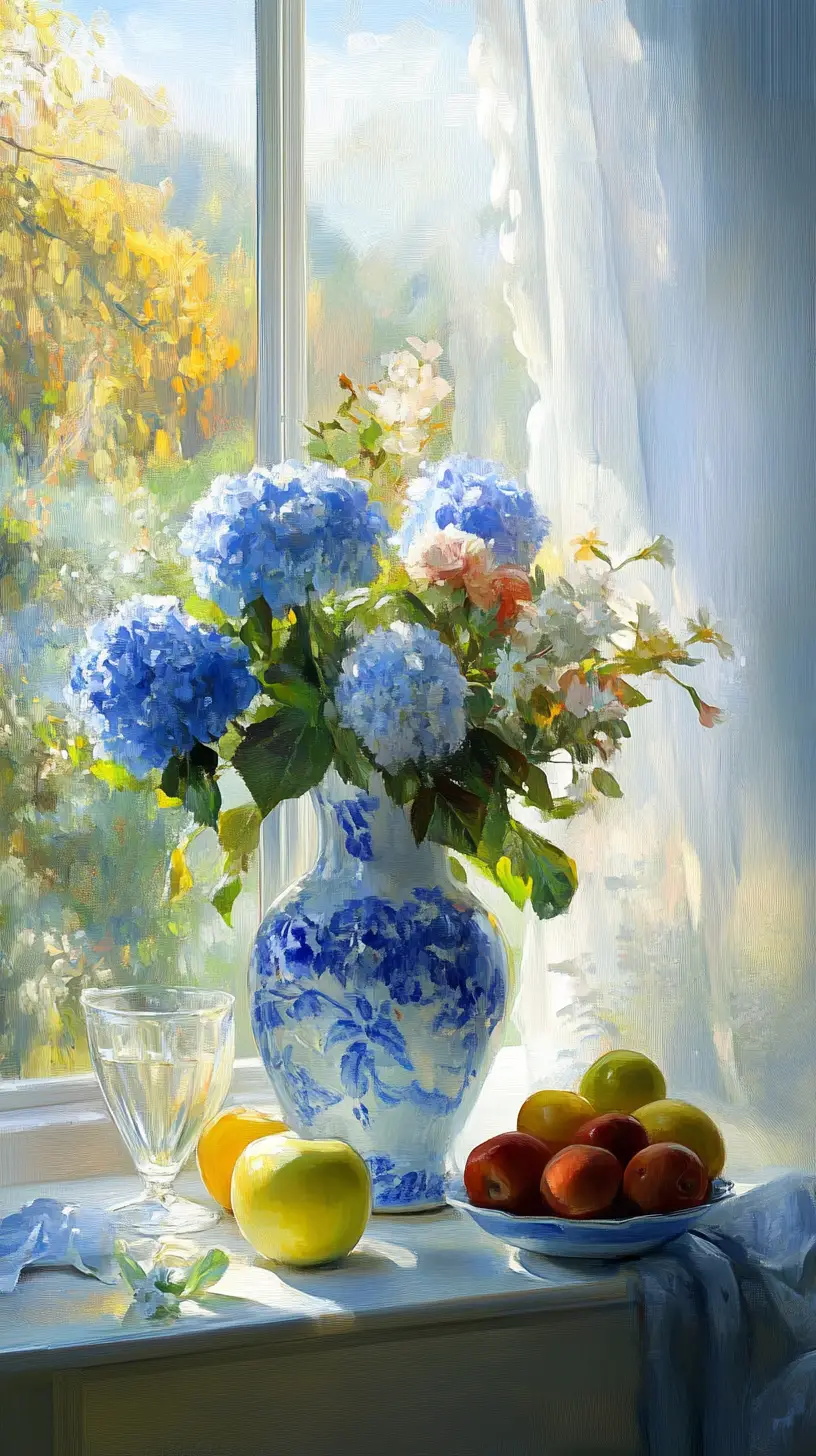 Impressionist still life of flowers and fruit by a window