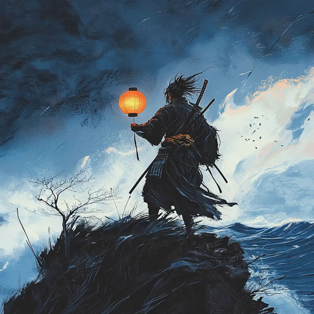 Lone samurai on cliff with lantern above stormy sea