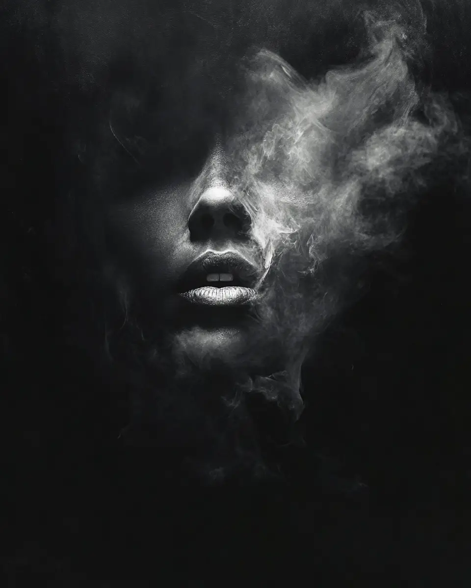 Fading eyes and lips dissolving into deep black smoke