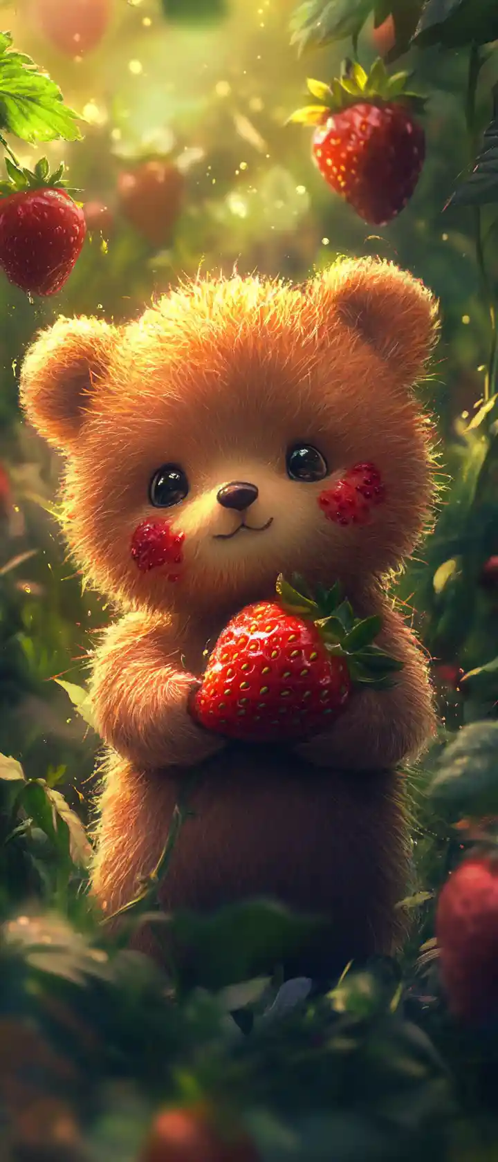 Cute bear cub with strawberry in a sunny garden