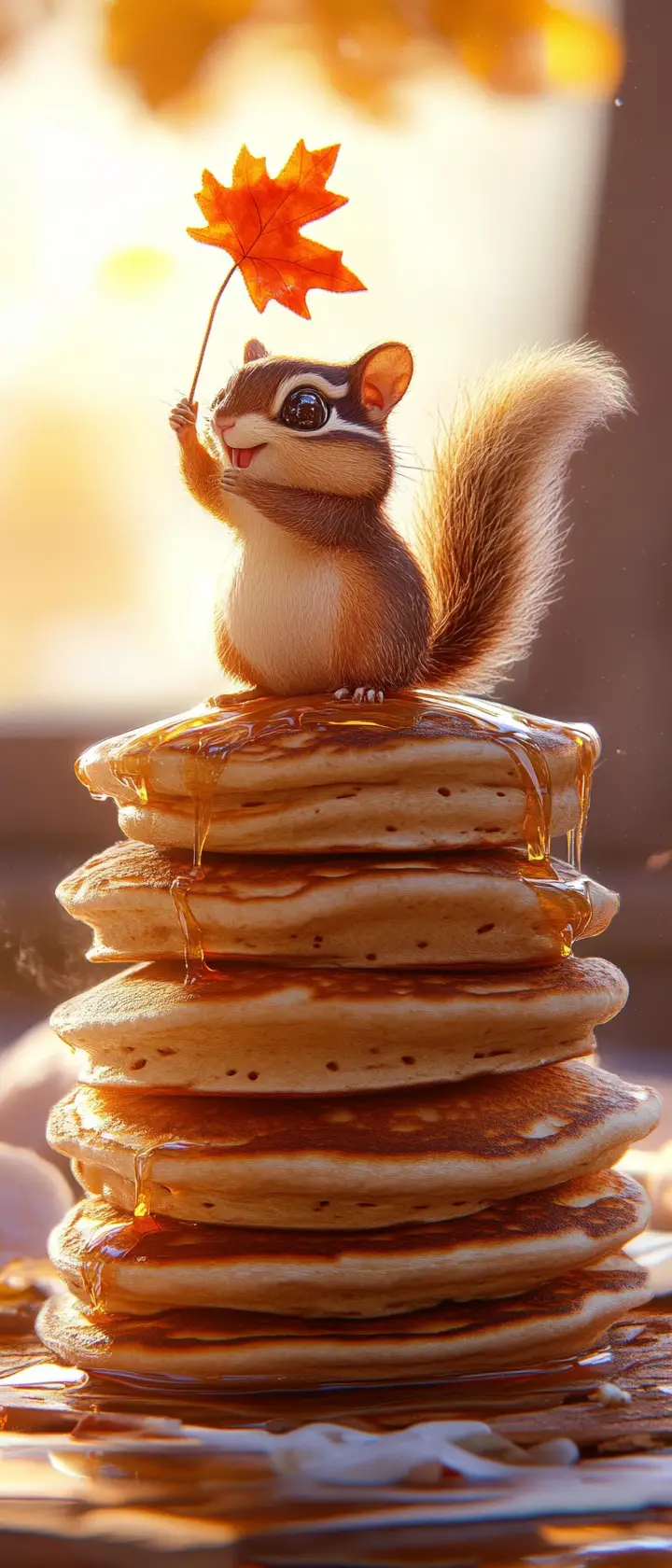 Determined chipmunk on giant pancake stack with flag