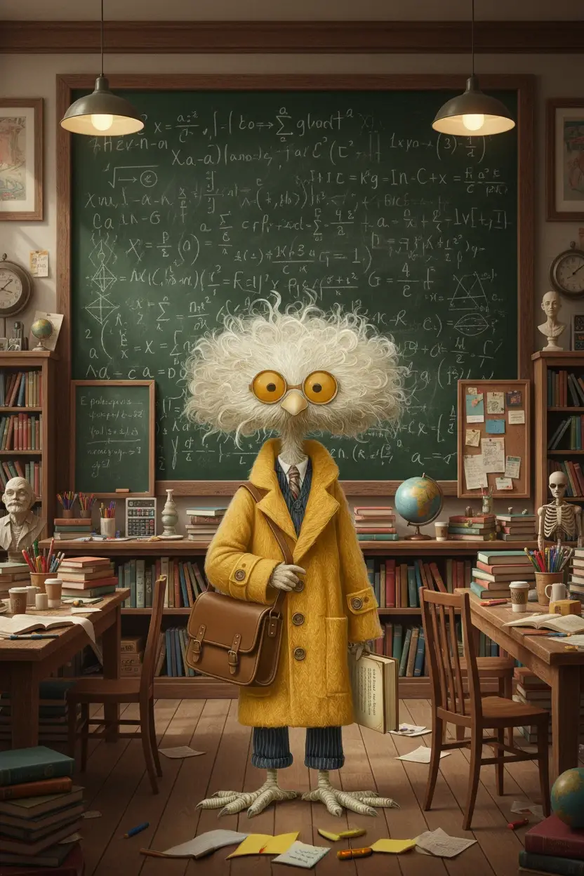 Owl professor in trench coat teaching in chaotic classroom