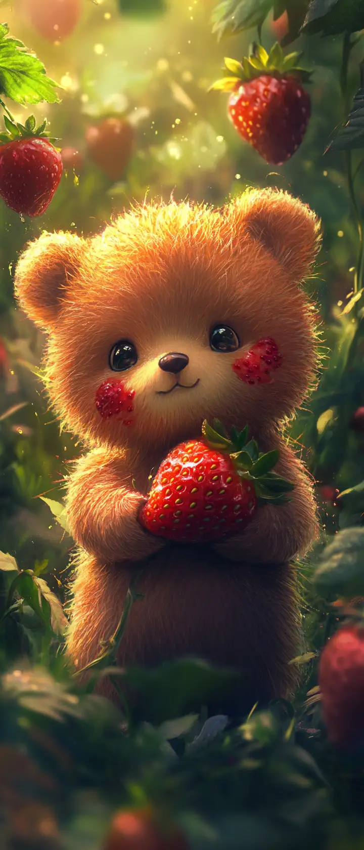 Cute bear cub with strawberry in a sunny garden