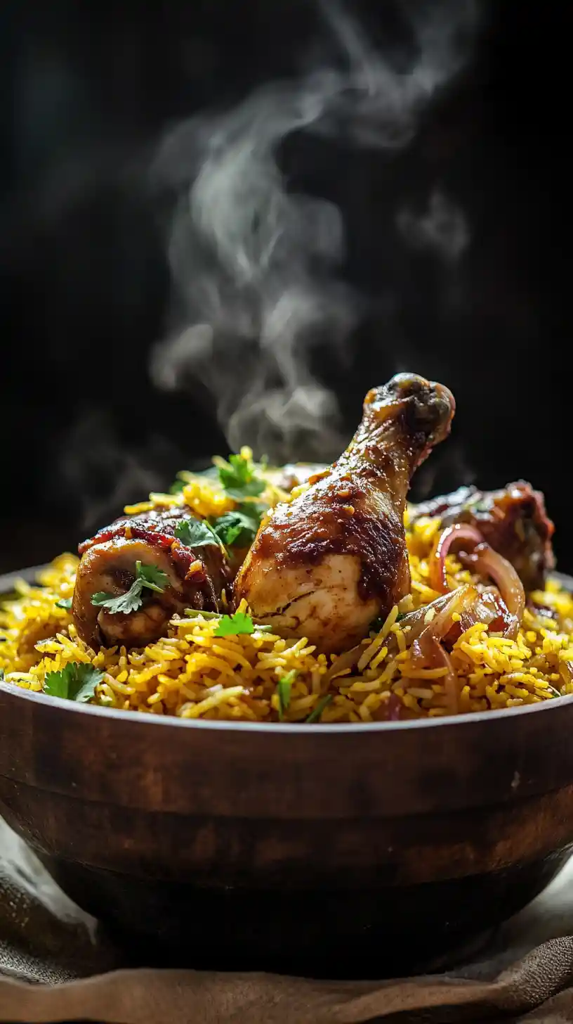 Dampfendes Hähnchen-Biryani in rustikaler Holzschüssel aus der Nähe