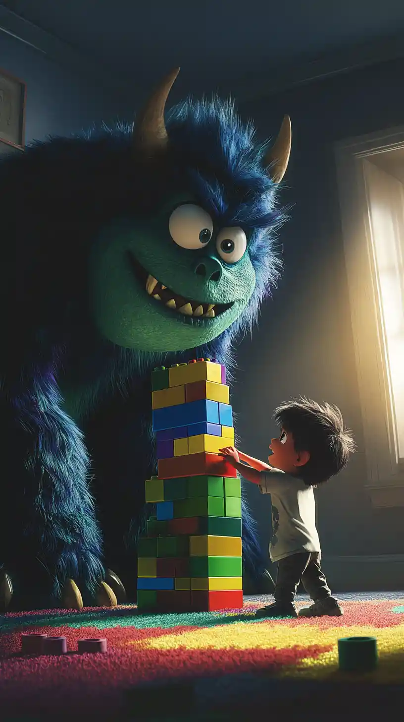 Child Building Colorful Block Tower With Friendly Monster