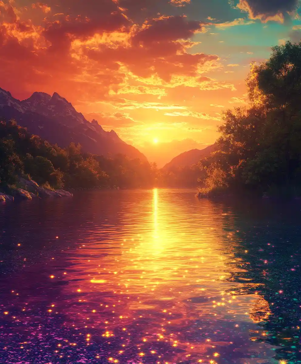 Luce colorata dell’alba che scintilla su un fiume tranquillo