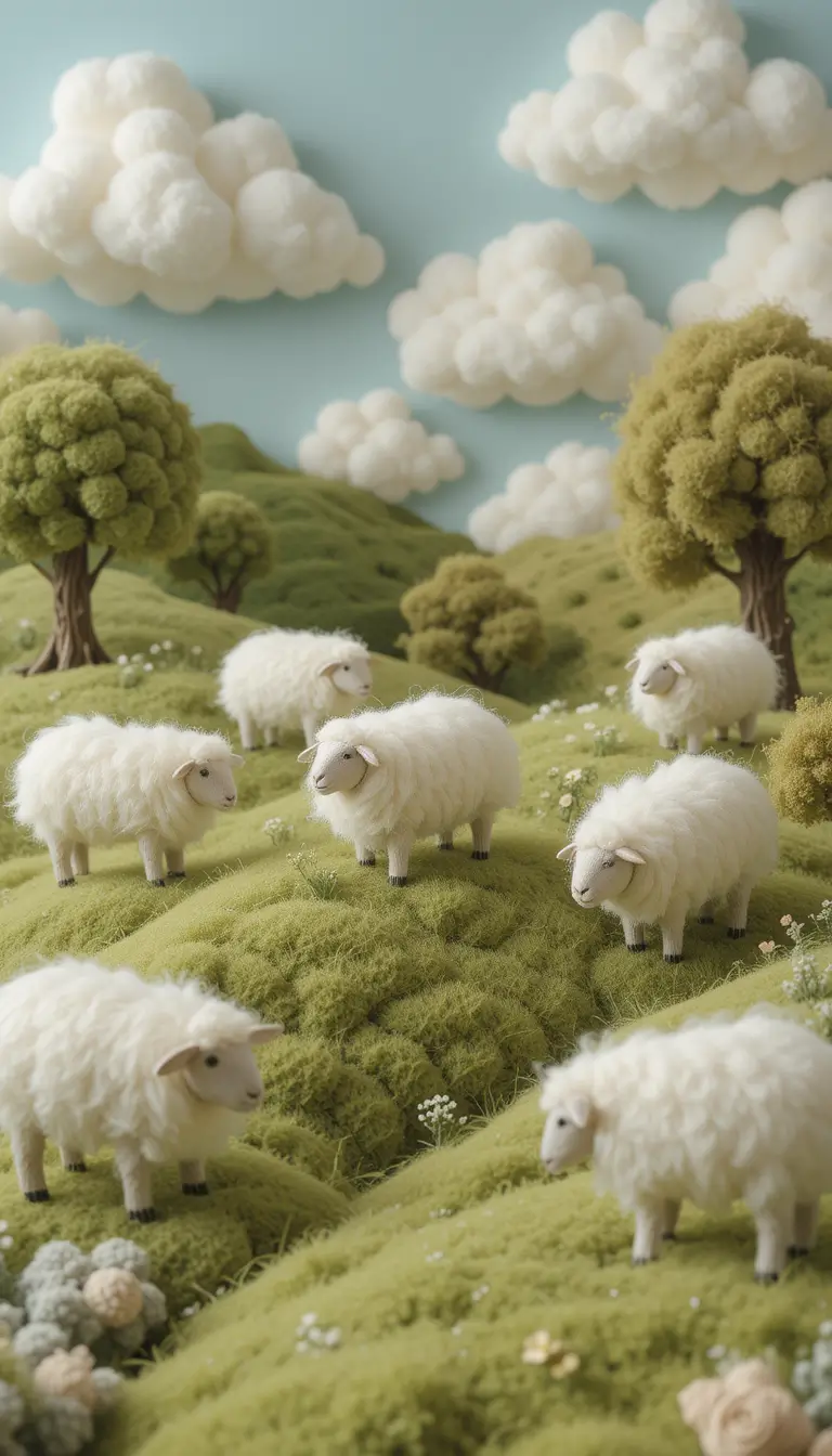 Cozy 3D diorama of wool sheep in a felt pasture