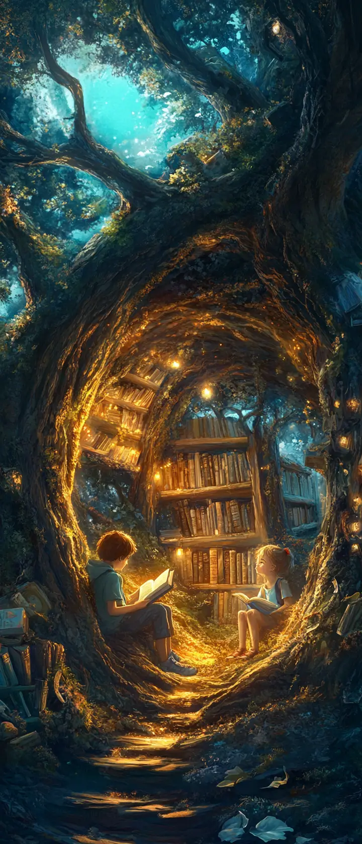 Children reading in a glowing tree forest nook
