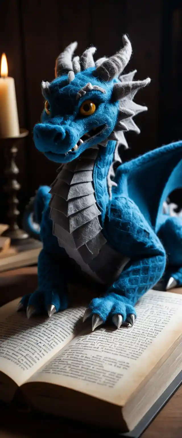 Felted dragon guarding an ancient storybook in light
