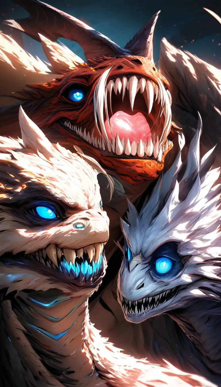 Close up fierce dragon with sharp teeth and blue eyes