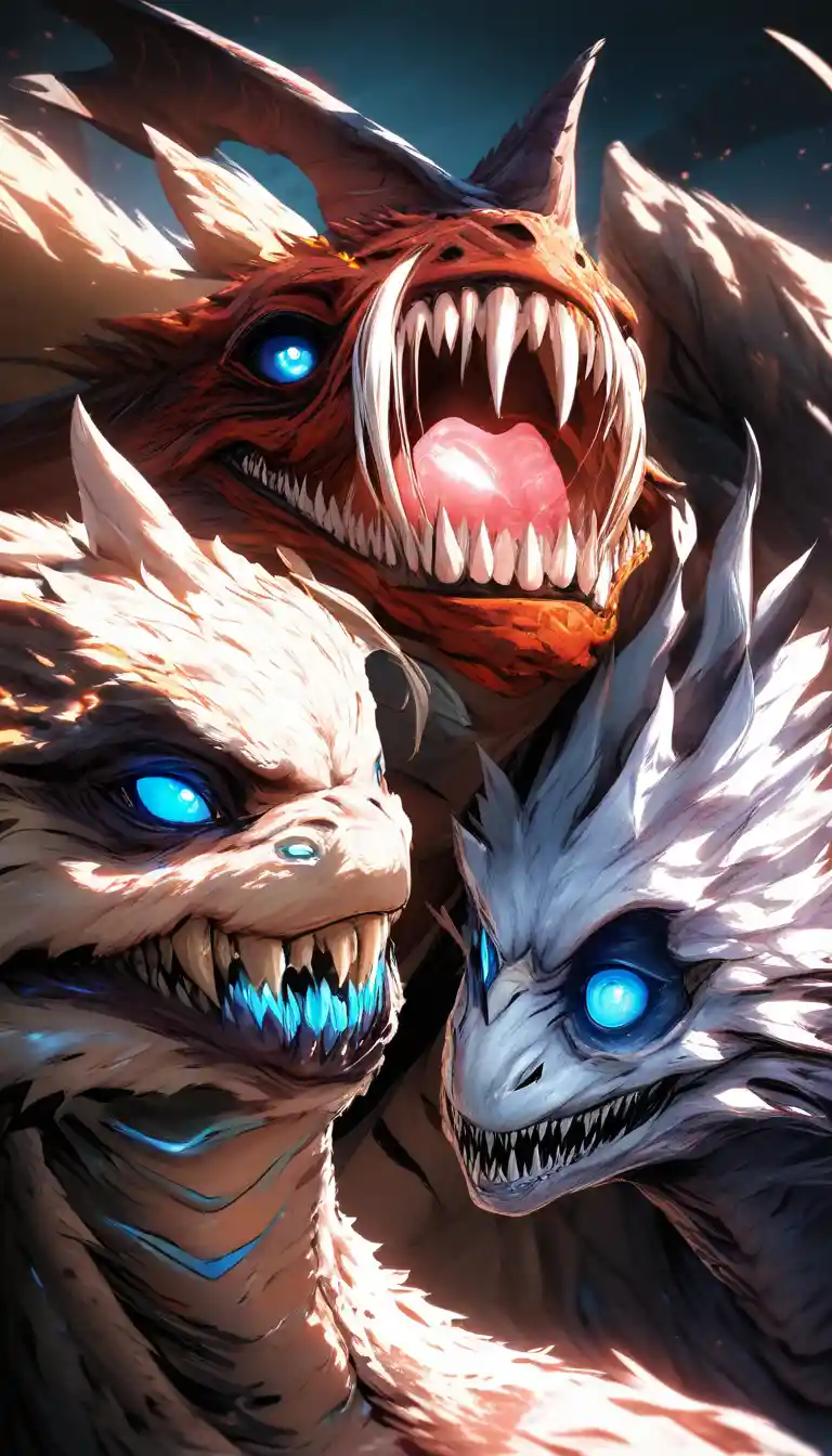 Close up fierce dragon with sharp teeth and blue eyes